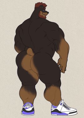 1boy 2022 absurd_res anthro beard brown_body canid canine canis clothing domestic_dog ear_piercing facial_hair footwear footwear_only hair hi_res hunnipanda looking_at_viewer looking_back looking_back_at_viewer male mammal mastiff molosser mostly_nude multicolored_body muscular muscular_anthro muscular_male piercing purple_eyes rear_view rottweiler shoes shoes_only solo standing two-tone_body