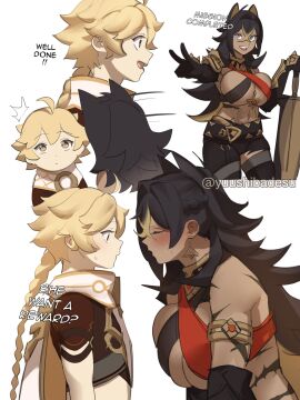 1boy 1girls aether_(genshin_impact) asking_for_it big_breasts breasts color dark-skinned_female dark_skin dehya_(genshin_impact) dialogue drawing english_text female genshin_impact horny_female interracial long_hair male mihoyo muscular muscular_female scars straight taller_female text tomboy yuushiba