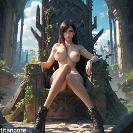 (titancore) ai_generated big_breasts black_hair boots curvy_figure female final_fantasy_vii girl long_hair naked nipples red_eyes ruins single_girl sitting sitting_down throne tifa_lockhart video_game_character