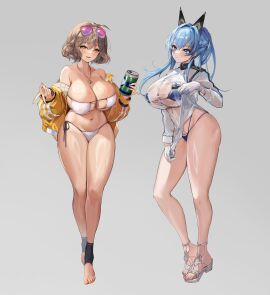 2girls absurdres anis_(nikke) anis_(sparkling_summer)_(nikke) bikini breasts can eyewear_on_head feet female female_focus female_only goddess_of_victory:_nikke grey_background helm_(aqua_marine)_(nikke) helm_(nikke) hido_(cherryhido) highres holding holding_can huge_breasts jacket jewelry light_brown_hair looking_at_viewer navel necklace short_hair side-tie_bikini_bottom solo standing stirrup_legwear sunglasses swimsuit thick_thighs thighs white_bikini yellow_eyes