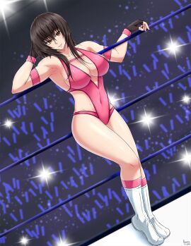 alluring big_breasts breasts brown_eyes brown_hair cleavage female kusumaoka leotard misaki_toyota sekai_de_ichiban_tsuyoku_naritai! wrestling_outfit wrestling_ring