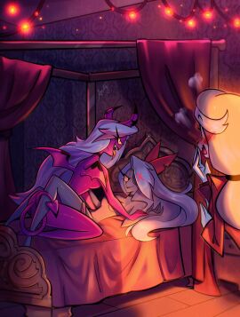 1_eye 3girls angel angel_humanoid ass austrinee bed bedroom bedroom_eyes bedroom_sex being_watched blonde_hair blush bow_ribbon breasts caught charlie_morningstar charlie_morningstar_(hazbin_hotel) cheating_girlfriend clothed clothing consensual_cuckold convenient_censorship cuckquean demon demon_humanoid demon_on_angel detailed_background eye_patch eyewear fangs female female/female female_only furniture grey_body group hair hazbin_hotel helluva_boss hi_res horn humanoid impending_threesome impending_threeway infidelity interspecies lesbian_couple lesbian_sex looking_at_another looking_pleasured multiple_females multiple_girls n nude nude_female on_bed open_mouth open_smile panties panties_down pink_body smile spread_legs succubus tail teeth thick_thighs tongue tongue_out trio underwear vaggie_(hazbin_hotel) verosika_mayday verosika_mayday_(helluva_boss) walk-in white_body white_hair wings yuri