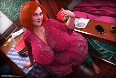 1girls 3d ass big_ass big_breasts blush breasts curvy emerald_eyes female female_only freckles huge_ass huge_breasts milf orange_hair original original_character playstation_vita rasmus-the-owl redhead shannon_o'connell solo stretch_marks thick_thighs watermelon wide_hips
