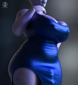 1futa 3d 4_fingers alien alien_futa ass big_ass big_breasts blue_skin breasts bulge bulge_through_clothing chubby chubby_futa dress futanari intersex markala_(star_periphery) penis penis_under_dress plump star_periphery voidpilgrim