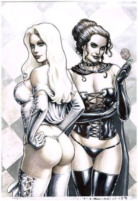 2girls ass atilio-gambedotti big_breasts black_queen blonde_hair blue_eyes breasts bubble_ass bubble_butt choker cleavage corset emma_frost female female_only green_eyes hellfire_club jean_grey lingerie lingerie_only marvel marvel_comics opera_gloves panties red_hair rose rose_(flower) thighhighs thong_panties villainess white_queen x-men