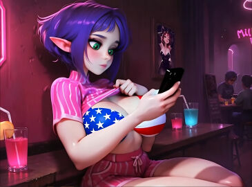 1girls 4th_of_july ai_generated america american american_female american_flag_bikini bar breasts crop_top drinks elf elf_ears female green_eyes hi_res indoors large_breasts looking_at_phone neon_lights original_character phone pink_outfit pointy_ears purple_hair seductive seductive_pose shirt_lift short_hair shorts sitting smartphone suggestive united_states_of_america upscaled
