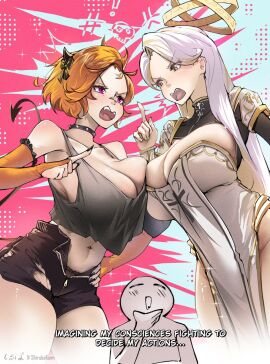 1boy 2024 2girls angel angel_halo angry angry_face arguing arm_warmers armor armored_female belly belly_button big_breasts blush blush_lines blushing breast_squeeze breasts breasts_squeezed_together catfight christianity copyright_request cross curly_hair curvaceous curvy curvy_body curvy_female curvy_figure demon demon_girl demon_horns demon_tail digital_media_(artwork) docking emotions english_text fangs female female_focus fight fighting golden_eyes light-skinned_female light_skin male multiple_females multiple_girls neck_ring orange_hair original original_character original_characters panties psychology red_eyes religion revealing revealing_clothes sharp_teeth shiruba-kunn short_hair shorts shoulder_angel staring_at_another striped_hair symmetrical_docking tagme text text_box thick_thighs thinking torn_clothes torn_clothing twitter twitter_username unzipped vivian_red voluptuous voluptuous_female white_hair white_skin yellow_and_white_hair yellow_eyes yuri
