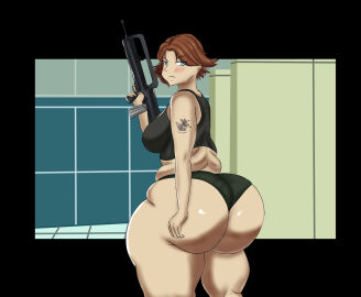 alternate_body_type ass black_border black_panties blue_eyes blush breasts brown_hair bubble_ass bubble_butt embarrassed fat female holding_weapon huge_ass looking_back_at_viewer meryl_silverburgh metal_gear metal_gear_solid overweight overweight_female panties short_hair solo standing tagme tattoo thick_ass thick_thighs underwear weapon wide_hips