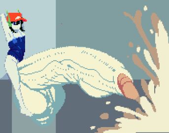 1boy 2025 balls black_hair cap cave_story clothing cum cumming cumshot digital_media_(artwork) excessive_cum gigantic_penis hands_behind_head hat hyper_balls hyper_penis koi_alive male male_only mob_face one-piece_swimsuit penis pixel_art quote_(cave_story) robot robot_boy robot_ears robot_humanoid solo solo_male tagme white_body white_skin