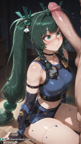 1girls ai_generated android big_penis blush breasts clothed clothed_female curvy curvy_body curvy_female dreamyan_ai green_eyes green_hair hi_res high_quality high_resolution highres long_hair looking_at_penis looking_up medium_breasts penis_awe penis_on_face qingyi_(zenless_zone_zero) smile smiling thick_ass thick_thighs thighs twintails uncensored zenless_zone_zero