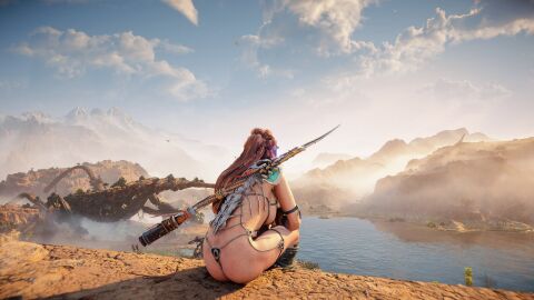 1girls 3d aloy back_view faith103 female female_only horizon_forbidden_west sitting solo spear thong