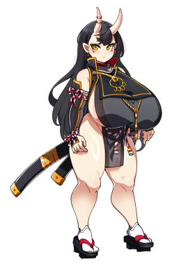 1girls armor black_hair blush breasts commission curvy earrings facial_tattoo female female_only gigantic_breasts groin highres horns japanese_clothes jewelry katana konoshige_(ryuun) long_hair looking_at_viewer monster_girl oni original original_character pelvic_curtain pointy_ears ryuun_(stiil) shortstack sideboob socks solo sword tattoo thick_eyebrows thick_thighs thighs weapon wide_hips yellow_eyes
