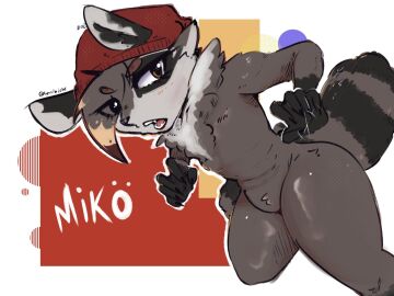 anthro ass big_ass big_tail blush brown_eyes character_name claws curvy curvy_female dyed_hair ears_through_headwear eyebrows_visible_through_hair female female_only fluffy fringe furry grey_body grey_fur headgear headwear headwear_only huge_thighs latina mammal miko's_trash_can miko_(miko's_trash_can) neck_tuft procyonid raccoon red_hat red_headwear slight_blush solo striped striped_tail stripes tail thick_legs thick_thighs voluptuous youtube youtube_hispanic youtuber zenpaich