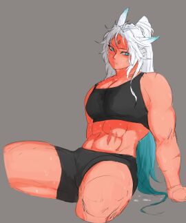 feixiao_(honkai:_star_rail) female fox fox_ears fox_girl honkai:_star_rail honkai_(series) hoyoverse muscular muscular_female sleeplessbagel sports_bra sportswear sweat sweatdrop sweating