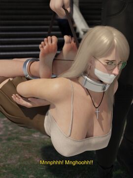 1girls 3d a1boy ahe_gao barefoot beauty_mark beauty_mark_under_eye big_breasts black_choker blender blender_eevee blonde_hair blue_eyes bondage bound bound_ankles bound_wrists breasts captured carrying carrying_another choker cleavage collar cross_earrings cross_necklace damsel_in_distress english_text eyes_rolling_back female femsub gag gagged gagged_speech glasses grace_(osimai) helpless huge_breasts human_luggage kidnapped kidnapping lip_piercing male maledom microfoam_tape mole mole_above_mouth mole_on_nose mole_under_eye nose_piercing nose_ring original_character osimai pleated_skirt skirt suspension tank_top tape tape_gag text