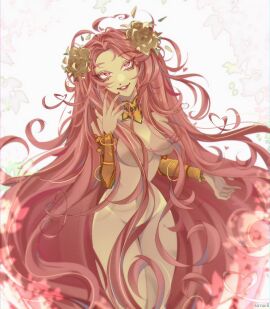 aphrodite aphrodite_(hades) bare_breasts bare_legs bare_midriff bare_shoulders bare_thighs bracers breasts collar convenient_censoring female flower_in_hair hades_(game) hades_2 hair_censor hair_over_breasts large_breasts long_hair looking_at_viewer navel nude pink_eyes pink_hair sitraell smile supergiant_games thin_waist very_long_hair wide_hips