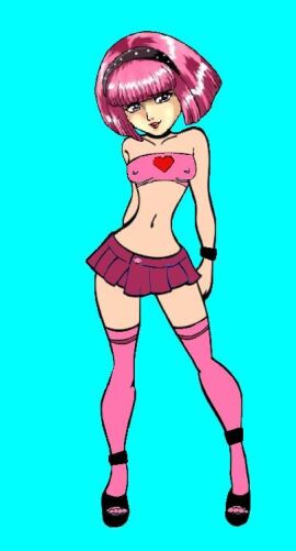 blue_background breasts female female_focus hairband heart heels hooker lazytown medium_hair miniskirt navel nipple_bulge nipples_visible_through_clothing pink_hair short_hair skirt slut small_breasts stephanie_meanswell stockings thin_female thin_waist whore