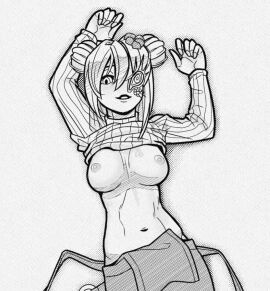 2d big_breasts black_and_white breasts buns c3-tooth dbd dead_by_daylight exposed_breasts female laying_on_back looking_at_viewer partially_naked partially_naked_female partially_nude partially_nude_female pulled_up_shirt solo solo_female tagme tryks