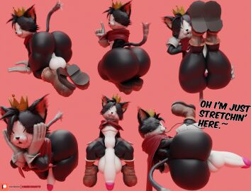 1boy 3d 5_fingers all_fours anthro anthro_male anthro_only anus ass backsack balls ballsack big_ass big_balls big_penis black_fur black_nose brown_clothing brown_footwear brown_shoes cait_sith_(ff7) camseven cape cat-sith celtic_mythology cheek_tuft closed_eyes clothing crown dialogue digital_media_(artwork) dipstick_tail domestic_cat english_text european_mythology eyes_always_closed facial_tuft fangs felid feline felis final_fantasy final_fantasy_vii fingers footwear fur fur_tuft furaffinity_link furry furry_male furry_only genitals gloves hand_behind_head hand_on_cheek handwear head_tuft headwear hi_res looking_at_viewer looking_back looking_back_at_viewer male male_focus male_only mammal markings multicolored_fur mythology patreon_logo penis red_cape red_clothing shoes simple_background snout solo solo_male square_enix tail tail_markings teeth text tuft two-tone_fur whiskers white_clothing white_fur white_gloves white_handwear white_tail_tip