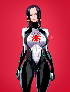1girls big_breasts black-haired_female black_hair blue_eyes boa_hancock breasts clothed clothing color coom_part cosplay crossover crossover_cosplay female female_focus female_only hi_res human human_only large_breasts light-skinned_female light_skin long_hair looking_at_viewer marvel marvel_comics one_piece shounen_jump silk_(cosplay) solo solo_female spider-man_(series) spider-man_suit spidersuit tagme thick_thighs