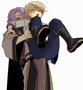 2boys blonde_hair blue_hair blushing bulge bulge_through_clothing bulging clothed embarrassed fully_clothed gay hard_on kamishiro_rui knight leg_grab leg_up legs_up lifted_by_another lifting lifting_partner lifting_person lifting_up male peach_hair penis penis_bulge penis_under_clothes project_sekai purple_hair reverse_stand_and_carry_position reverse_suspended_congress ruikasa shocked shocked_expression sitting_on_lap sorcerer tears tenma_tsukasa