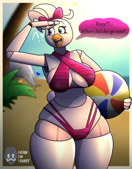 2025 2d 2d_(artwork) 2d_artwork animatronic anthro anthro_female artist_logo artist_name beach beach_background beach_outfit beachball beak beanontoast blue_eyes breasts chicken chicken_girl female five_nights_at_freddy's five_nights_at_freddy's:_security_breach furry furry_female glamrock_chica_(fnaf) thick_thighs