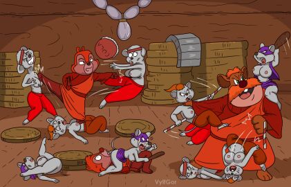 anthro ass bodily_fluids breasts chip_(disney) chip_'n_dale_rescue_rangers chipmunk clothing coca-cola cult cum cum_on_face dale_(disney) disney female fight genital_fluids grey_body ground_squirrel group hi_res jewelry male male/female mammal mask money monk monterey_jack_(cdrr) mouse multicolored_body murid murine rodent sciurid squirrel two-tone_body vylfgor weapon
