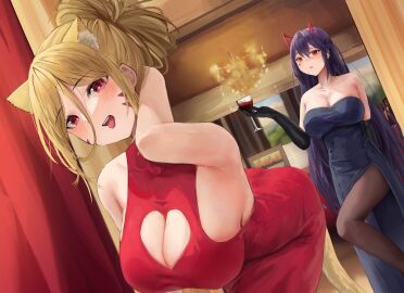 2girls akuma_nihmune alcohol animal_ears ass bangs bare_shoulders black_gloves blonde_hair breasts cat_ears cat_girl cat_tail catgirl cleavage cleavage_cutout cup curtains demon dress drinking_glass elbow_gloves face_markings female gloves hair_between_eyes holding_cup horns indie_virtual_youtuber large_breasts long_hair looking_at_viewer marking_below_eyes multiple_females multiple_girls open_mouth pantyhose ponytail purple_hair red_dress red_eyes sidelocks sitting smile squchan_(vtuber) stool strapless succubus tail very_long_hair virtual_youtuber vyugen wine_glass