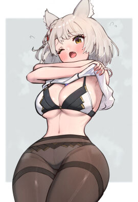 1girls alternate_costume bare_shoulders black_legwear blush blushing bra breasts busty cat_ears cat_girl catgirl cleavage core_crystal curvy fangs female female_only gonzarez highres hourglass_figure large_breasts legwear mio_(xenoblade) monolith_soft nintendo official_alternate_costume open_mouth panties pantyhose shirt_lift short_hair silver_hair slim_waist sweat tank_top thick_thighs thighs undressing white_dress white_panties white_tank_top wide_hips xenoblade_(series) xenoblade_chronicles_3 yellow_eyes