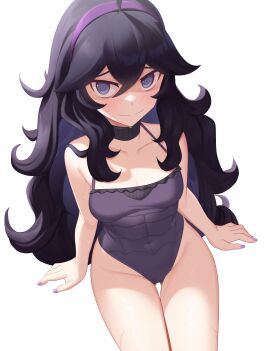 1girls @_@ ahoge arm_support black_choker black_hair blush breasts choker cleavage closed_mouth collarbone creatures_(company) curly_hair female from_above game_freak gazing_eye hair_between_eyes hairband hex_maniac hex_maniac_(pokemon_xy) highres long_hair looking_at_viewer medium_breasts nail_polish nintendo npc_trainer one-piece_swimsuit pokemon pokemon_(game) pokemon_xy purple_eyes purple_hair purple_hairband purple_nails purple_one-piece_swimsuit raised_eyebrows simple_background sitting smile solo sweat swimsuit thigh_gap thighs white_background