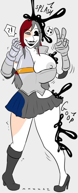 absurdres armor black_hair breast_expansion breast_growth breast_growth_(enlargement) breasts erza_scarlet fairy_tail female femsub gloves greyscale happy_trance high_heels huge_breasts lipstick miniskirt nipples red_hair resisting skirt smile spiral_eyes symbol_in_eyes tagme toonification transformation xxxx52