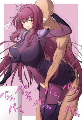 1boy bodysuit breasts fate/grand_order fate_(series) female grabbing_another's_breast grabbing_from_behind groping highres large_breasts long_hair male navel purple_bodysuit purple_hair red_eyes scathach_(fate) sex sex_from_behind standing standing_sex tanaken