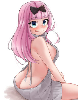 :p absurdres ass ass_crack bare_shoulders blue_eyes blunt_bangs blush bow breasts butt_crack closed_mouth dimples_of_venus female fujiwara_chika hairbow highres kaguya-sama_wa_kokurasetai_~tensai-tachi_no_renai_zunousen~ large_breasts laz_gm long_hair looking_at_viewer meme_attire naked_sweater naughty_face pink_hair simple_background sitting smile solo sweater tongue tongue_out virgin_killer_sweater white_background