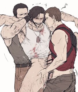 3boys anal arm_hair armpit_hair ass back balls bara blush boner bottomless brother brothers brown_hair censored chest_hair closed_eyes clothed_sex clothes_pull cum cum_in_ass deadpool erection facial_hair full_nelson group_sex gyeleul highres incest james_howlett large_pectorals looking_at_another male male_focus male_only marvel marvel_comics mmm_threesome multiple_boys multiple_males muscular muscular_male musical_note open_mouth pants pants_pull pectorals penis pubic_hair reverse_suspended_congress sabretooth sex siblings spread_legs sweat tank_top testicles threesome veins veiny_arms victor_creed wade_wilson white_tank_top wolverine_(x-men) x-men x-men_film_series x-men_origins:_wolverine yaoi