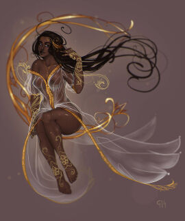 bare_shoulders barefoot black_hair blue_eyes dark-skinned_female dark_skin female full-length_portrait full_body long_hair nipples_visible_through_clothing original original_character portrait qoppa see-through_clothing sitting solo