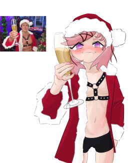 1girls bike_shorts christmas christmas_hat doki_doki_literature_club emiillb fangs female glass glass_cup hat headwear jabroni_outfit meme natsuki_(doki_doki_literature_club) navel oerba_yun_fang pink_hair santa_hat shorts sports_shorts van_darkholme
