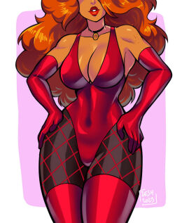 cartoon_network cleavage female fishnet_stockings fishnets ginger ginger_hair hair_over_eyes latex long_hair long_legs long_red_hair milf powerpuff_girls provocative red_hair red_lips red_lipstick sara_bellum sedusa_(cosplay) zeshgolden