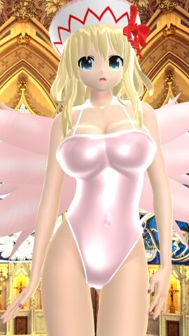 1girls 2024 3d adult_female belly_button blonde-haired_female blue_eyes breasts cathedral clavicle cleavage fairy feathered_wings female hat hati_yukkuri_mmd headwear hips indoors interior_background jpeg light-skinned_female light_skin lily_white long-haired_female looking_at_viewer mmd pink_swimsuit red_ribbon solo_female solo_focus swimsuit touhou waist wings