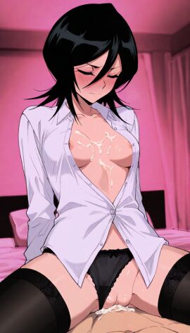 1girls 1man ai_generated bleach blush cowgirl_position cum_in_pussy cum_inside excessive_cum kuchiki_rukia panties_aside shy stockings unbuttoned_shirt