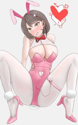 1girls angry_expression angry_face artist_request blush bowtie bowtie_collar breasts brown_hair bunny_ears bunny_girl bunnysuit cleavage cleavage_cutout earpiece female female_only goddess_of_victory:_nikke hairband hearts_around_head heels highres legs_apart leotard light-skinned_female light_skin looking_at_viewer milk_(blooming_bunny)_(nikke) milk_(nikke) official_alternate_costume pink_heels pink_leotard pussy simple_background speech_bubble sweat sweatdrop vibrator vibrator_cord vibrator_in_pussy vibrator_under_clothes white_background white_legwear yellow_eyes