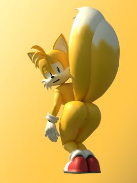 3d anonymous_artist anthro anus ass ass_focus bent_legs blender_(artwork) butt_focus canid canine clothing confusion digital_media_(artwork) footwear fox gloves gradient_background handwear hi_res looking_at_butt looking_back male male_only mammal miles_prower miles_tails_prower mostly_nude sega shoes simple_background solo sonic_(series) sonic_the_hedgehog_(series) standing tails tails_the_fox