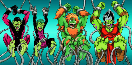 2014 4boys artist_signature bad_pierrot barefoot beast_boy beast_boy_(teen_titans) blanka capcom chaotic closed_eyes crossover dc dc_comics eastern_and_western_character foot_fetish green_skin male male_feet male_focus male_foot_fetish male_only marvel marvel_comics maxxor street_fighter super_skrull suspension_bondage tearing_up tentacle tentacle_on_male tickle_torture tickling tickling_armpits tickling_feet tickling_heel tickling_machine tickling_sides tickling_toes umojar