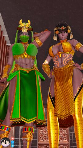 2girls 3d abs ancient_egypt ankh athletic athletic_female black_hair bob_cut body_markings boots bracelet breasts clone clothed dark-skinned_female dark_skin edenian egyptian_clothes egyptian_headdress eye_of_horus female gold_(metal) green_eyes honey_select honey_select_2 jade_(mortal_kombat) large_breasts lipstick long_hair looking_at_viewer markings mascara mask mortal_kombat mortal_kombat_darkverse mouth_veil priestess self_upload sisters tanya_(mortal_kombat) theobscureone thighhighs tiara veil yellow_eyes