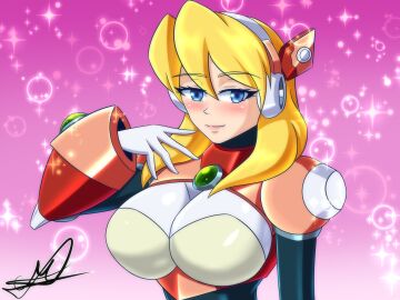 1girls alia alternative_version big_breasts black_body blonde_hair blue_eyes blush breasts female long_hair mega_man mega_man_x robot_girl rockartistz solo solo_female white_gloves