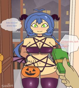 1girls asian_female blue_hair bribery female fhs fhsz3r0 fnafhs fnafhs_z3ro fnafhsrule34 green_eyes halloween money paying payment santoo115 spanish_text twintails usagi_(fnafhs)