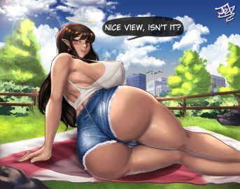1girls ass big_ass big_breasts breasts brown_hair clothed clothing confident_female demon earrings elf_ears female first_person_view halo heart-shaped_pupils jeans jebjebbz lipstick looking_at_viewer malicia_(jebjebbz) original original_character outside piercing piercings pov red_eyes shorts showing_off showing_off_ass sideboob smug succubus tagme tagme_(character)