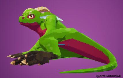 3d absurd_res anthro anus claws digital_media_(artwork) female genitals hi_res horn kobold kobold_dellarte kret looking_at_viewer low_poly nude presenting pussy reptile scales scalie simple_background solo tail