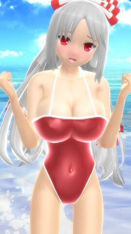 1girls 2023 3d arms_up beach belly_button blue_sky blush breasts cleavage clouds female fujiwara_no_mokou hati_yukkuri_mmd human light-skinned_female light_skin long-haired_female looking_at_viewer mmd open_mouth outdoors red_eyes red_swimsuit ribbons sky solo_female solo_focus swimsuit touhou water white-haired_female