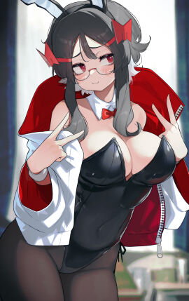 1girls :3 big_breasts black_hair blush bow_tie bowtie breasts bunny_ears bunny_girl bunnysuit busty chubby cleavage cleft_of_venus covered_navel curvaceous curvy curvy_figure detached_collar eyewear fake_animal_ears female female_only glasses groin hair_between_eyes hairclip hi_res high_resolution highres hizake hourglass_figure huge_breasts kashu_(hizake) large_breasts leotard light-skinned_female light_skin mozu_(hizake) navel oc original original_character pale-skinned_female pale_skin pantyhose peace_sign posing red_eyes sidelocks solo solo_female standing two-tone_hair wide_eyed wide_hips