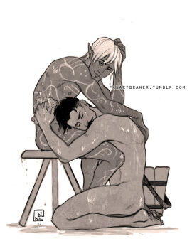 artist_signature artist_website ass bara beauty_mark bisexual_male black_hair body_tattoo bucket colorless completely_nude dark-skinned_male dark_hair dark_skin dorian_pavus dragon_age dragon_age_2 dragon_age_inquisition elf elf_ears elf_male face_tattoo facial_hair fanartdrawer fantasy feet fenris_(dragon_age) gay gay_male hairy_arms hairy_legs holding_partner human kneeling light-skinned_male light_hair light_skin mage male male/male male_only mole monochrome moustache naked naked_male nipples no_visible_genitalia nude nude_male pointy_ears sitting smile smiling sponge stool tattoo tattoos video_games washing wet wet_body white_hair yaoi
